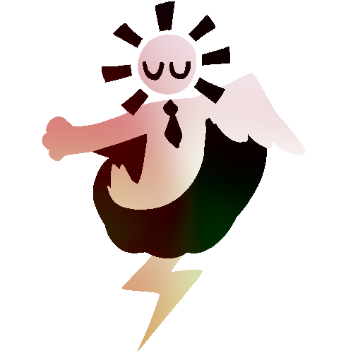 a person with an arrow wrapping around them. they have one arm with a paw, one wing, a lightning bolt instead of feet, a necktie, glow marks around their head, a short fuzzy tail, and closed eyes. the image has a warm aurora-like tint, with the person bright and the arrow dark